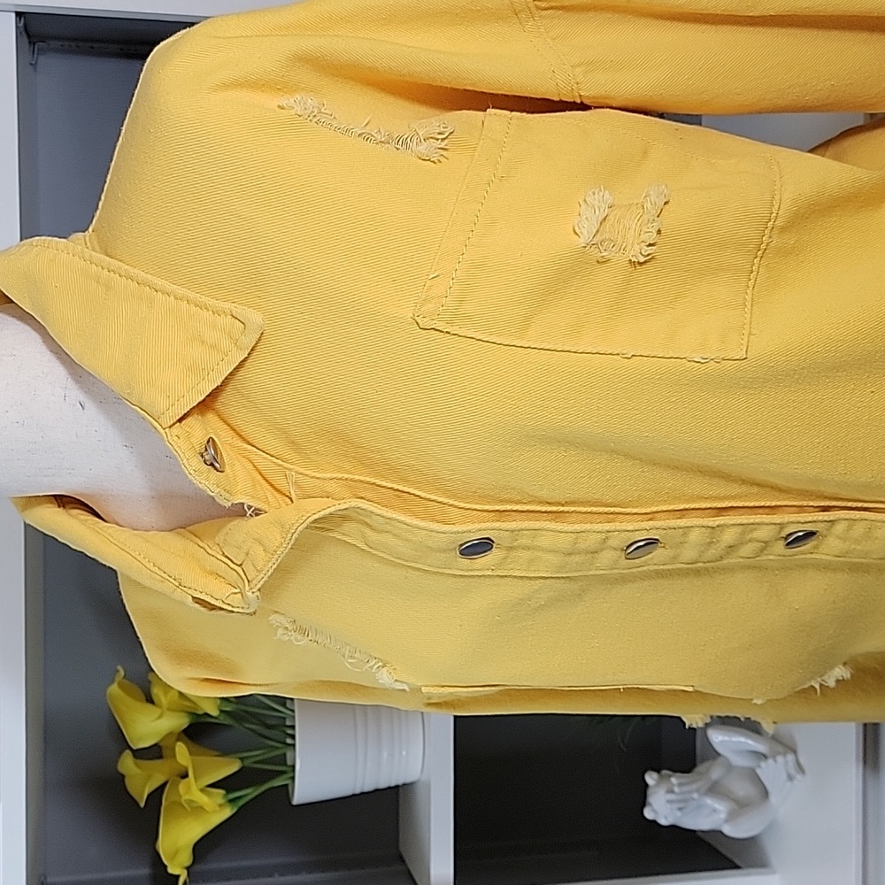 Yellow Shacket Distressed Button Down Long Sleeve… - image 2